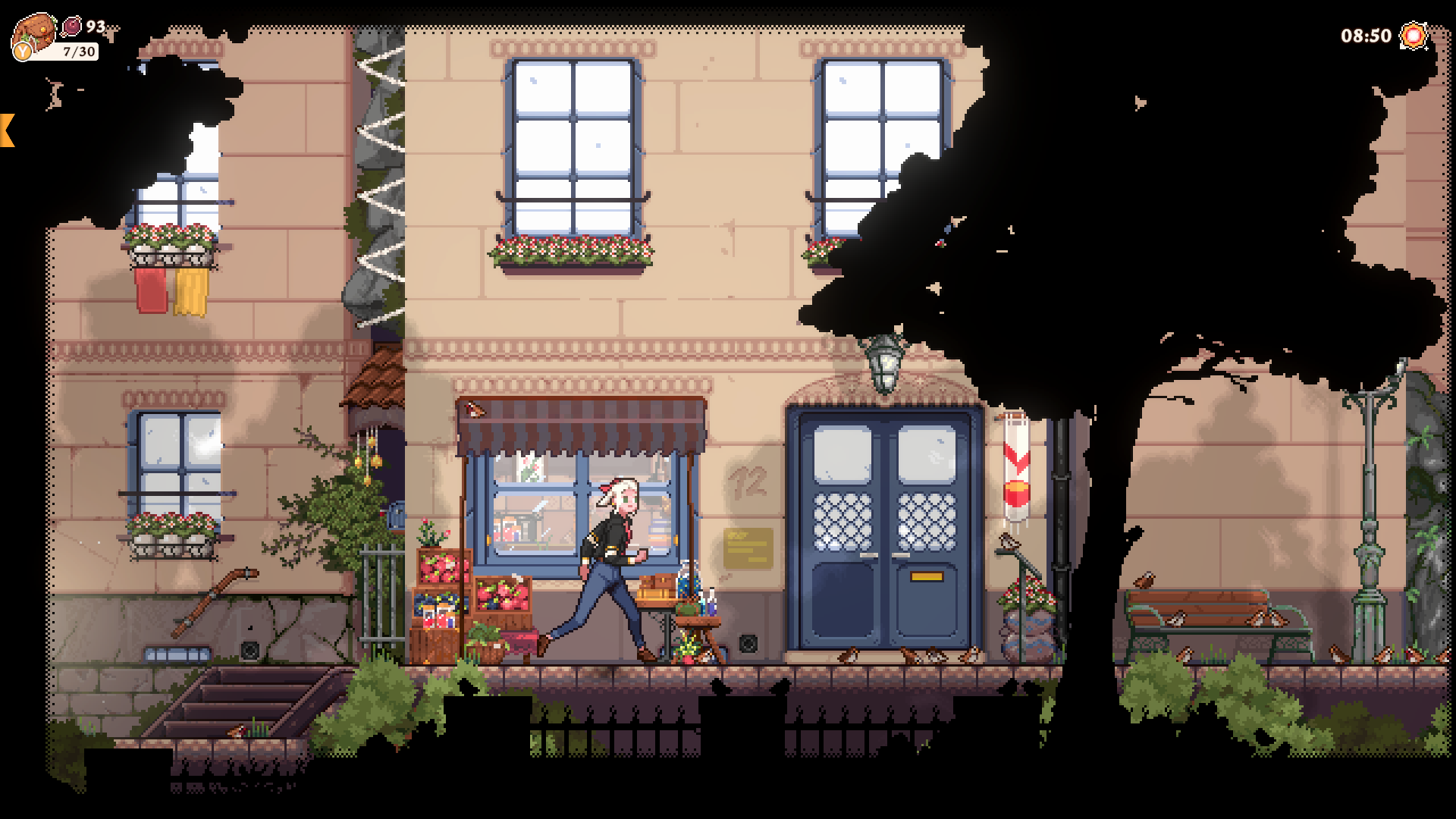 Gameplay Screenshot of Flora running in front of the store.