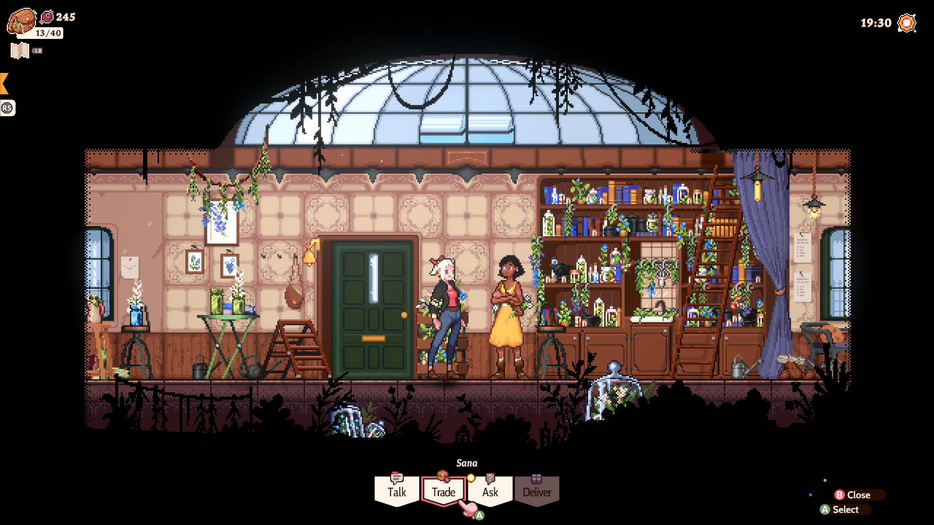 Gameplay Screenshot of Flora interacting with the Herbalist Sana.
