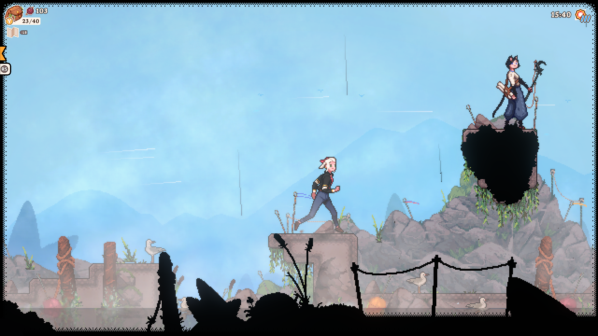 Gameplay Screenshot of Flora running across the rocky shore to meet Colo.