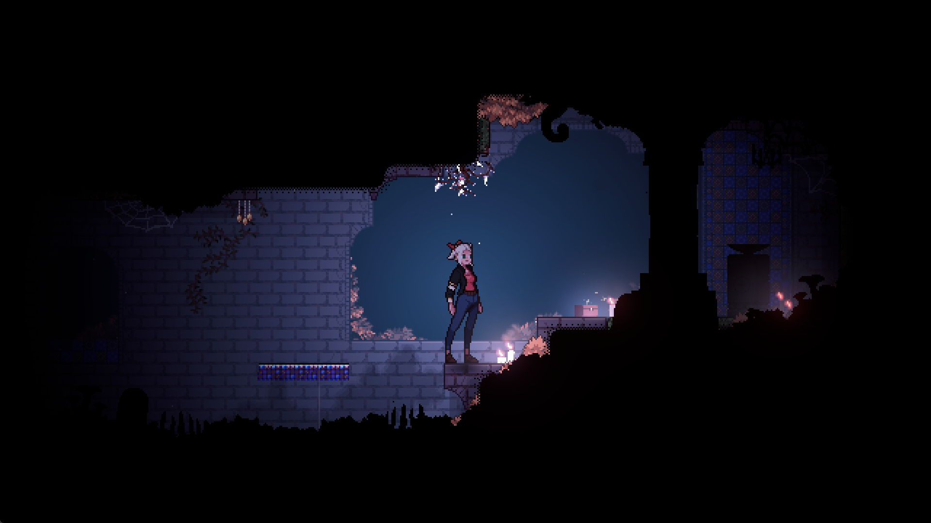 Gameplay Screenshot of Flora exploring the catacombs at night.