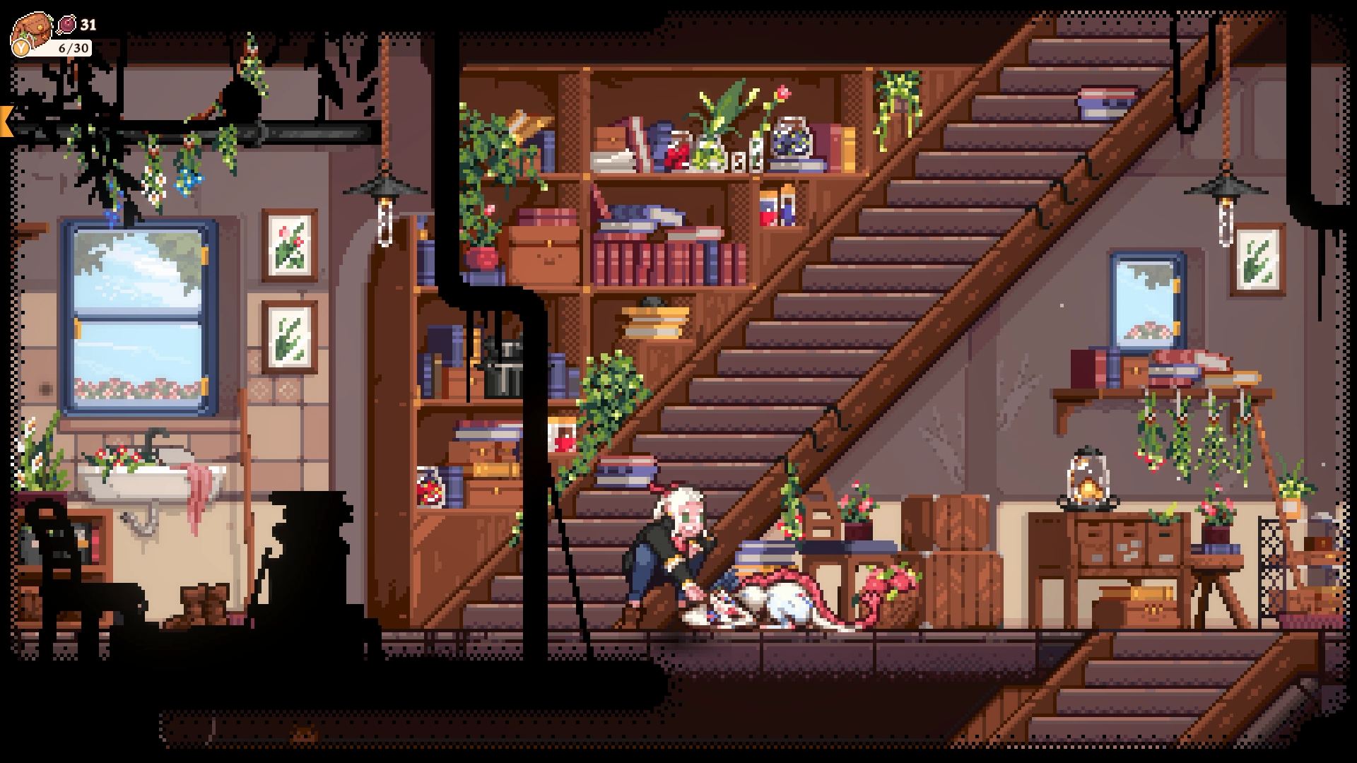 Gameplay Screenshot of Flora petting a small creature.
