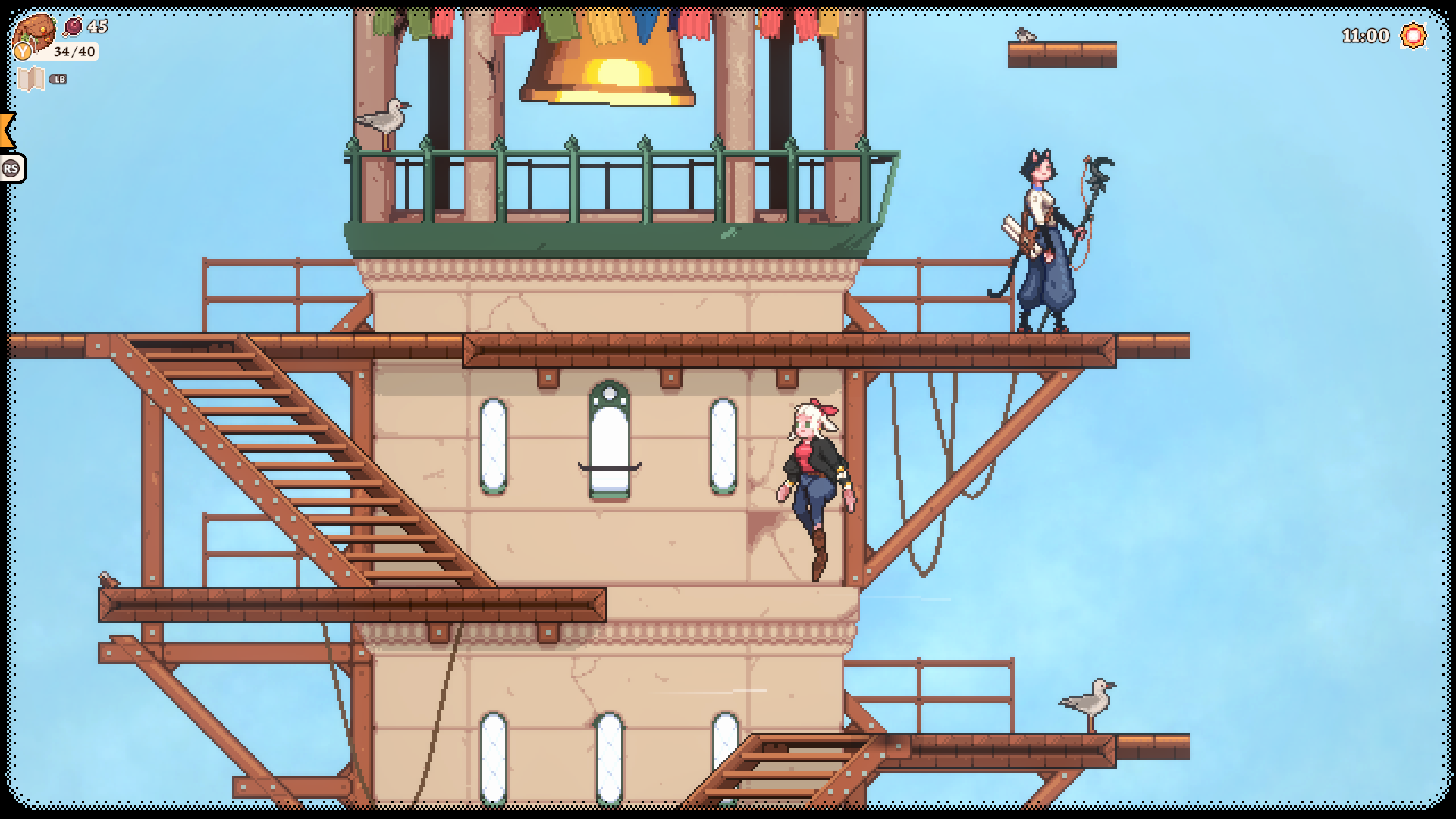 Gameplay Screenshot of Flora jumping across scaffolding in the town.