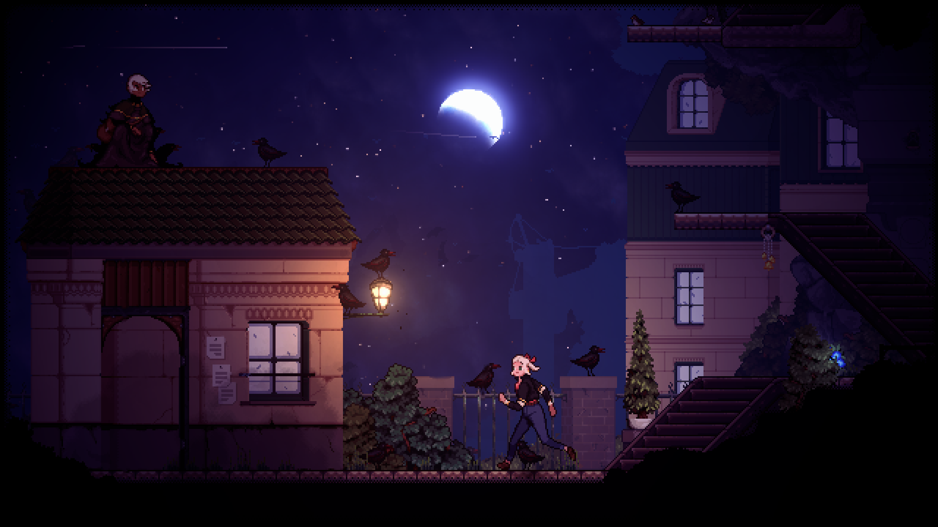 Gameplay Screenshot of Flora exploring the town at night.