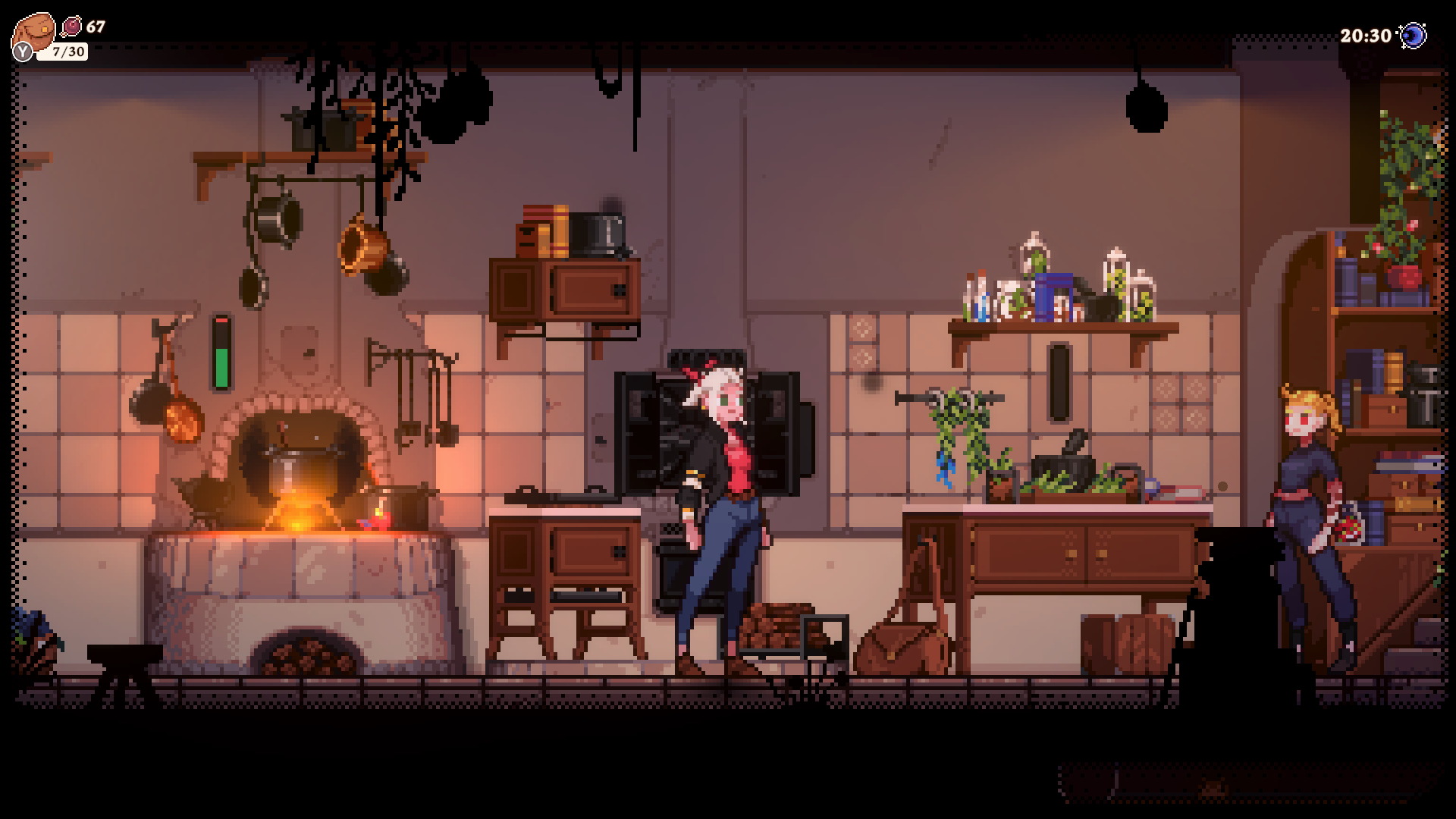 Gameplay Screenshot of Flora standing in the kitchen.
